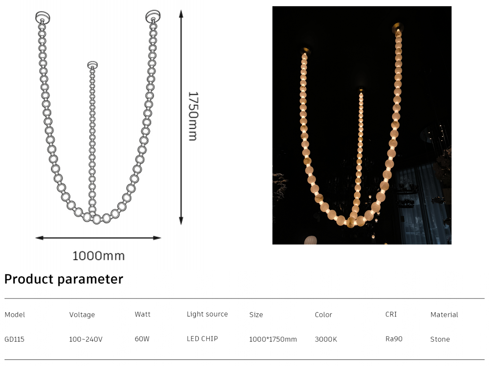 Dimensional drawing W1000mm H1750mm GD115 natural stone 60W LED strand chandelier specifications