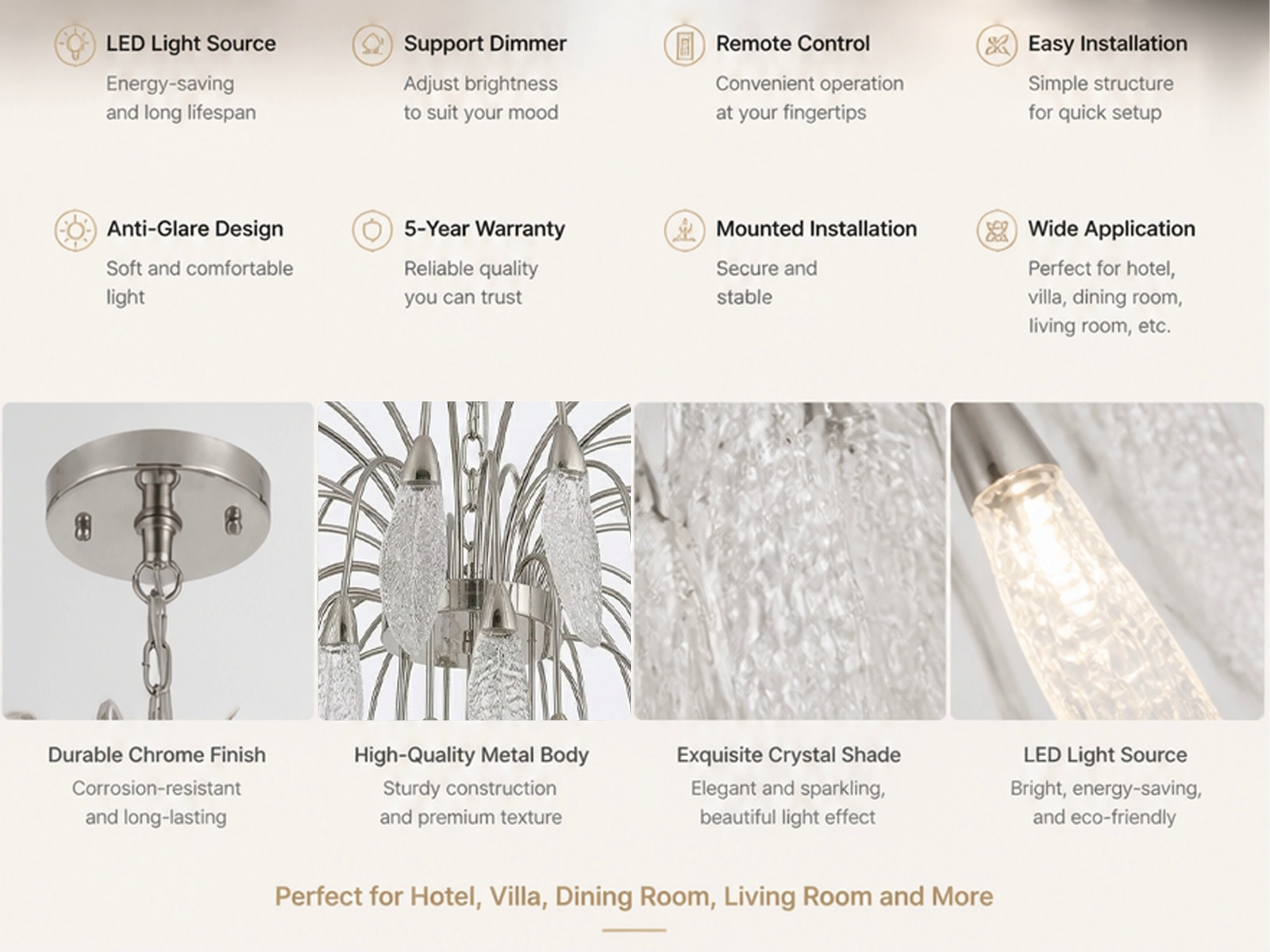 Close-up of textured optical acrylic feather leaf pods with zinc alloy hardware on a steel frame chandelier