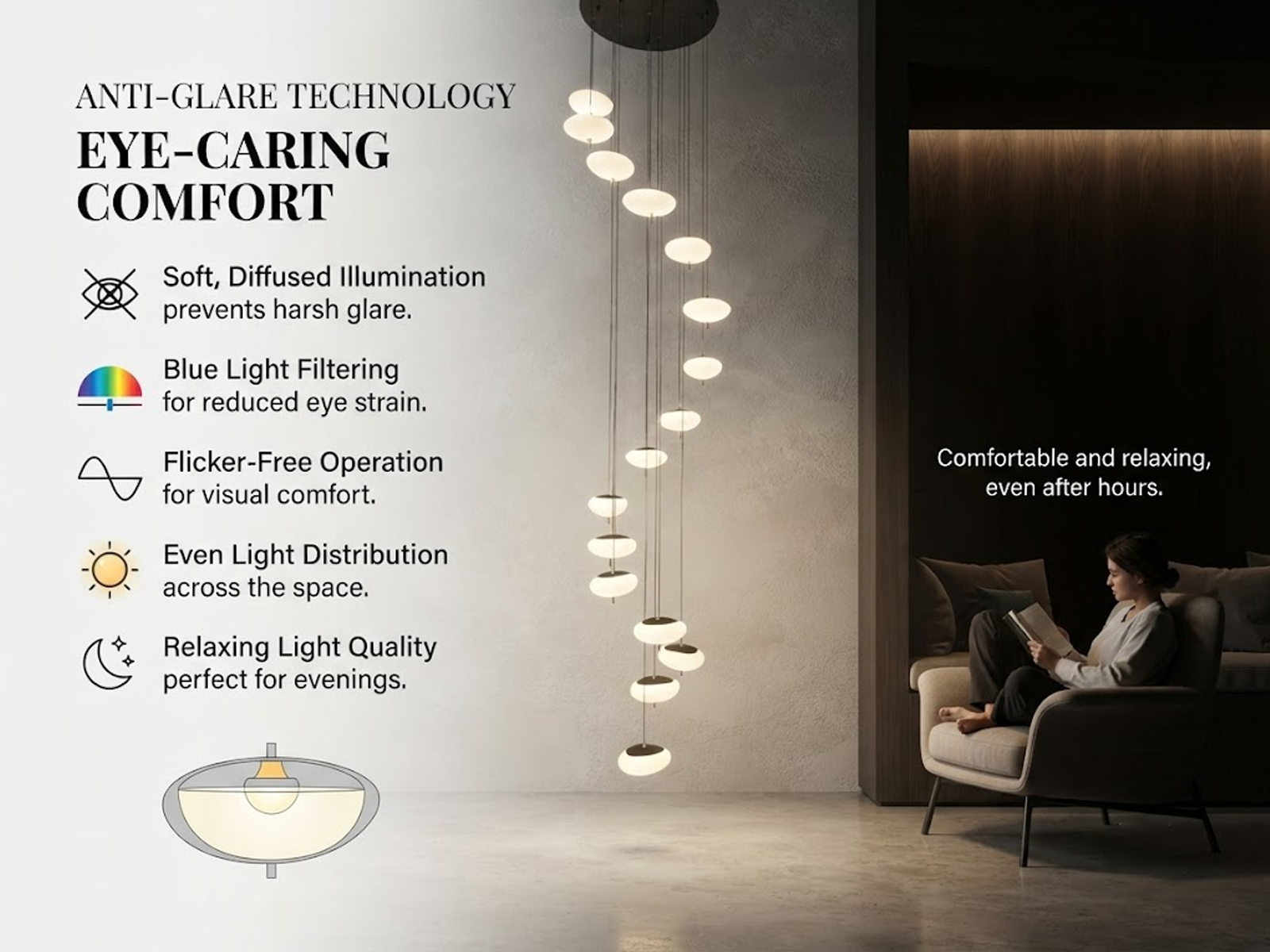 Modern spiral pebble optical acrylic staircase chandelier cascading down a high ceiling foyer