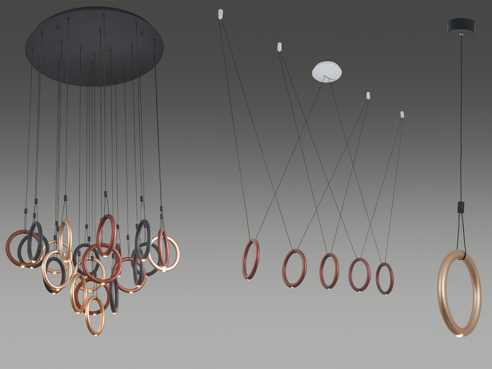Modern multi-tone ring cascade chandelier with gold, bronze, and black hoops for high ceiling staircase and foyer
