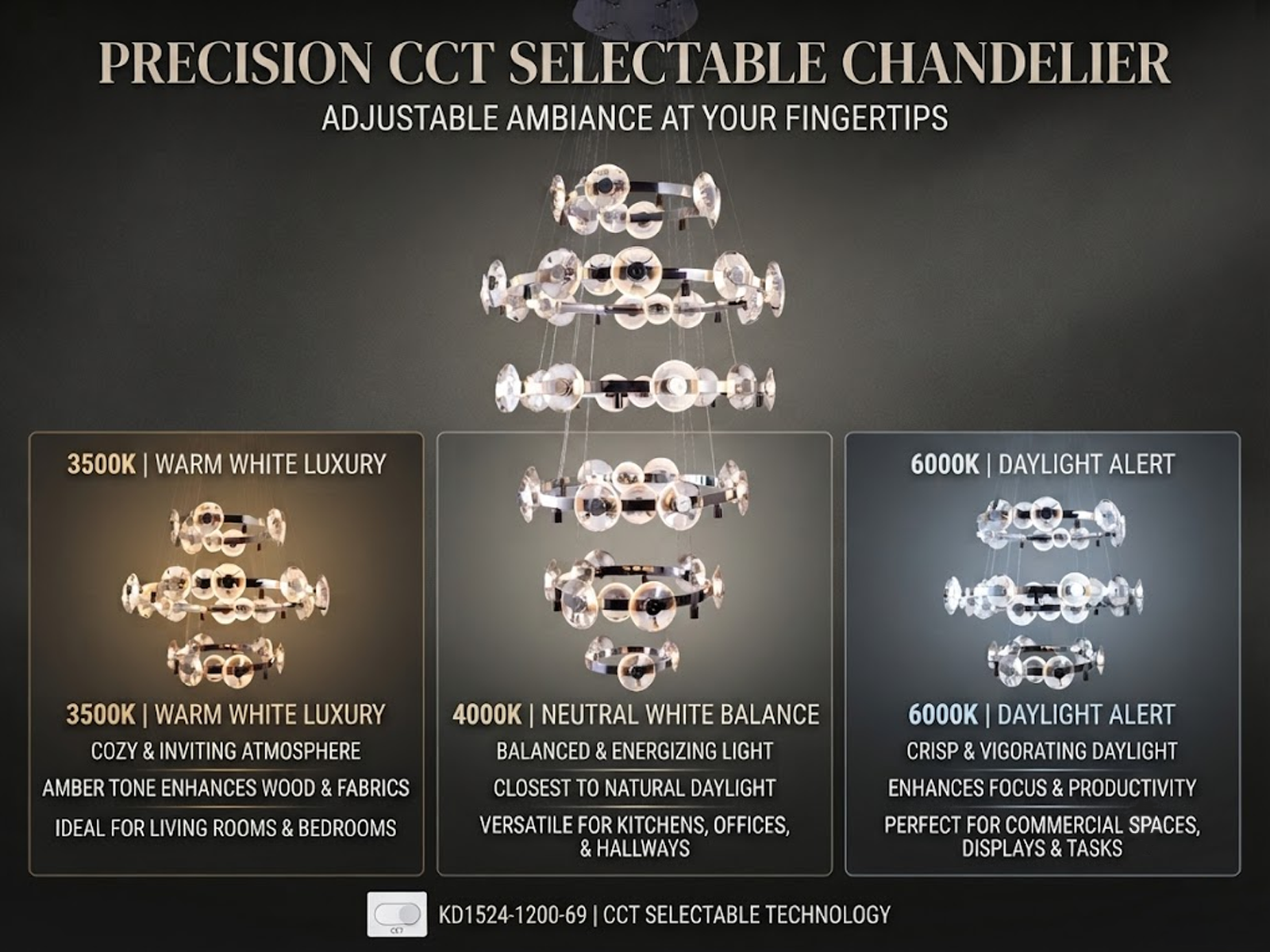 Illuminated multi-tier chrome ring crystal lens disc chandelier for high ceiling foyer and luxury staircase