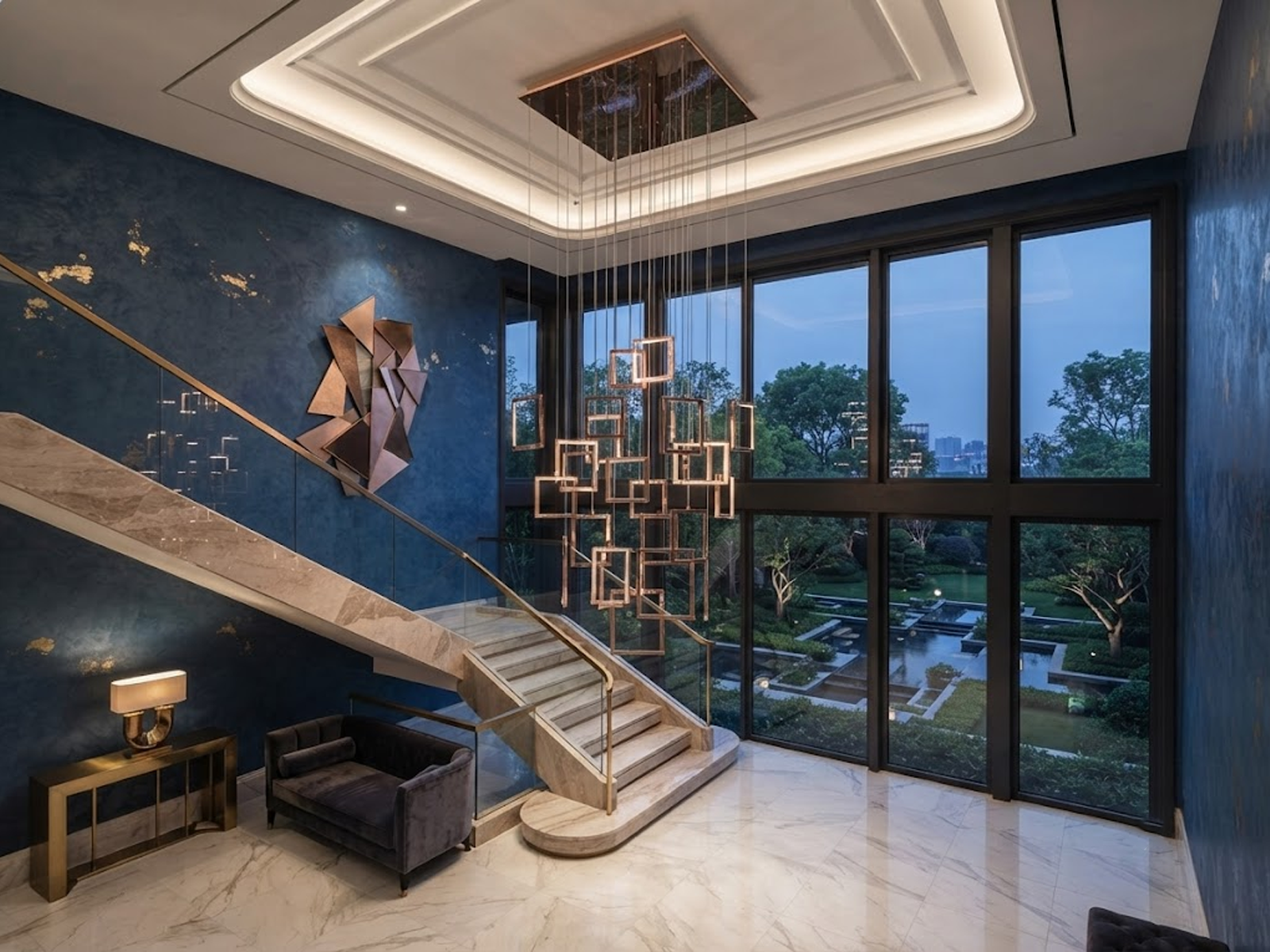 Modern rose gold stainless steel square frame cascade chandelier with mirror canopy suspended in a high ceiling foyer