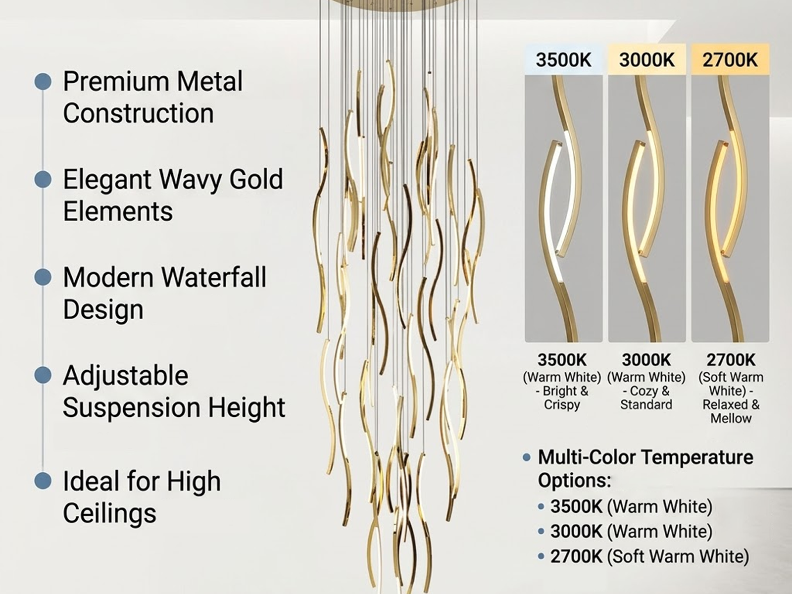 Modern gold polished stainless steel wave streamer raindrop chandelier suspended in a high ceiling villa foyer