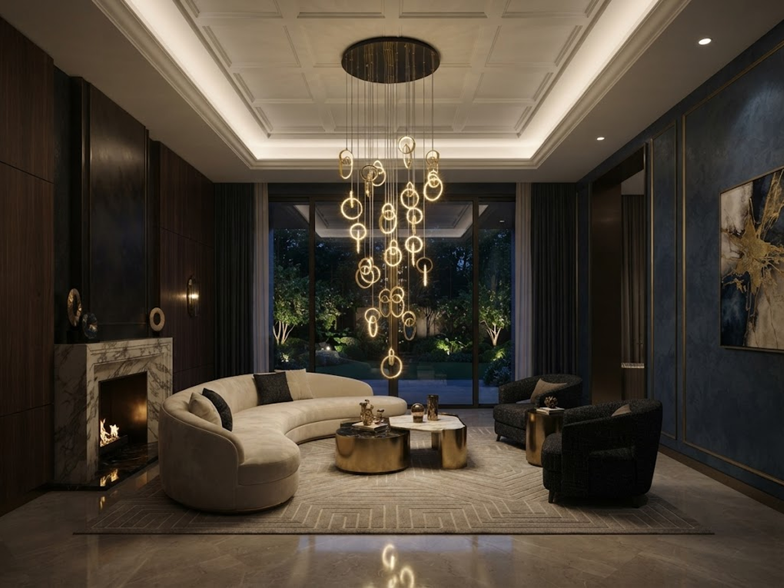 Modern gold stainless steel interlocking ring cascade chandelier suspended in a high ceiling villa foyer