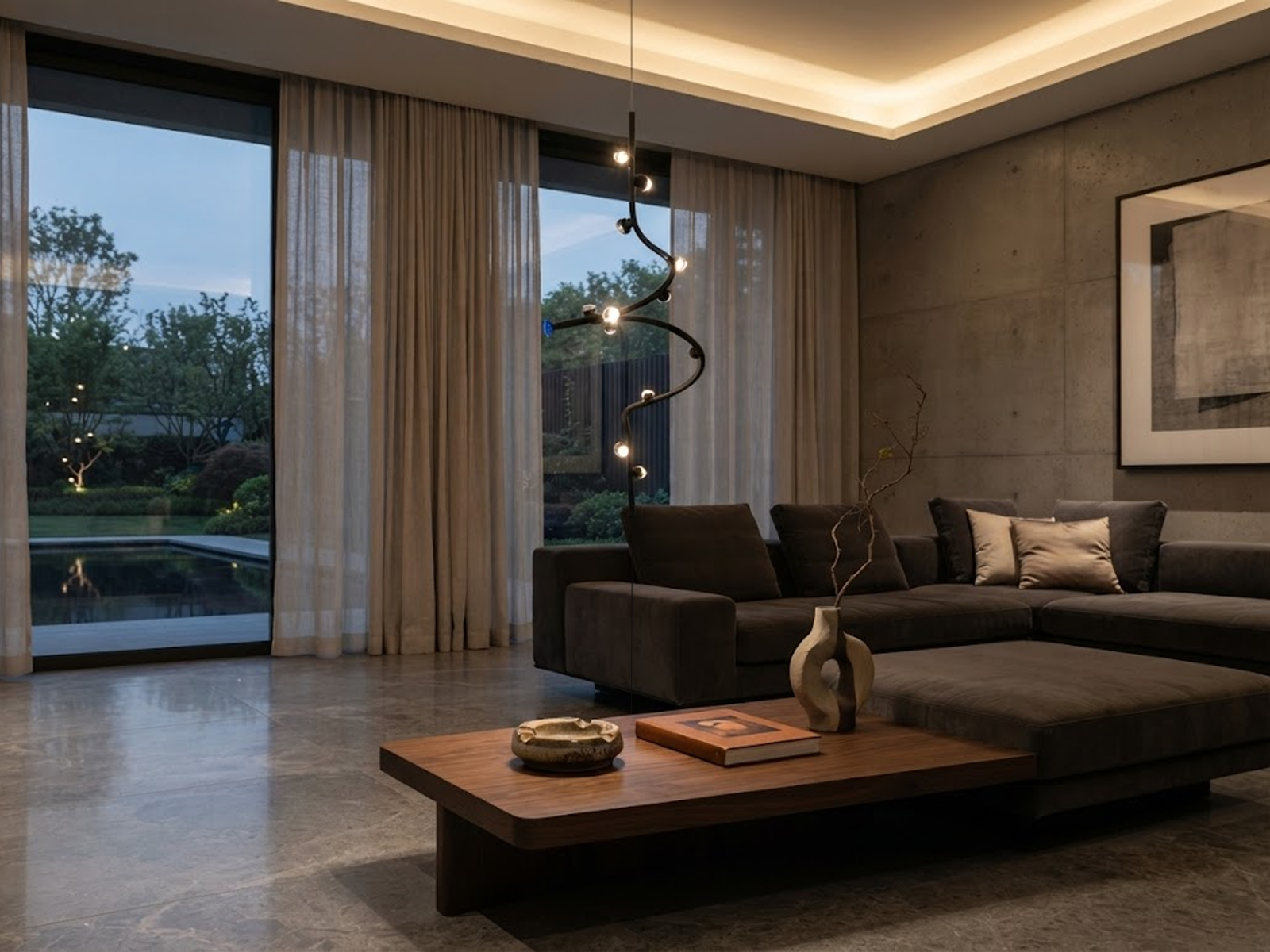 Modern vertical spiral cable chandelier suspended next to a luxury sofa in a contemporary living room with iron and aluminum construction