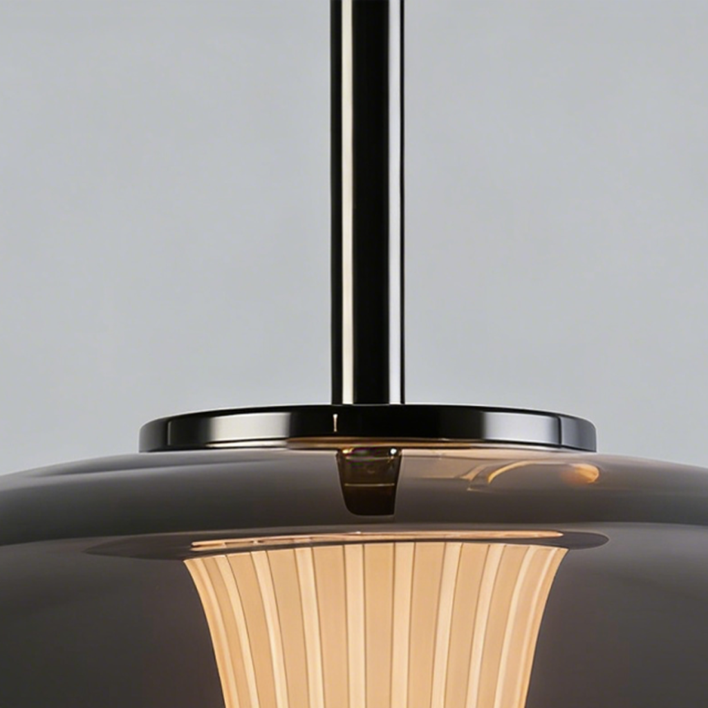 Detailed view of electroplated gunmetal iron stem and mounting cap attached to the smoked glass pendant shade