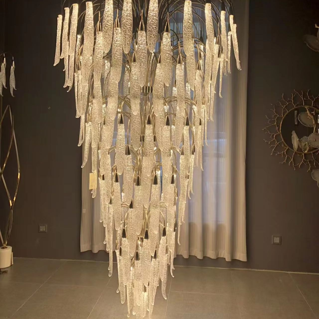 Grand cascading shatterproof acrylic icicle waterfall multi-tiered chandelier for high ceiling staircase and luxury villa foyer