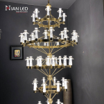 Grand multi-tiered stainless steel and crystal ring chandelier for high ceiling hotel lobby and villa staircase foyer