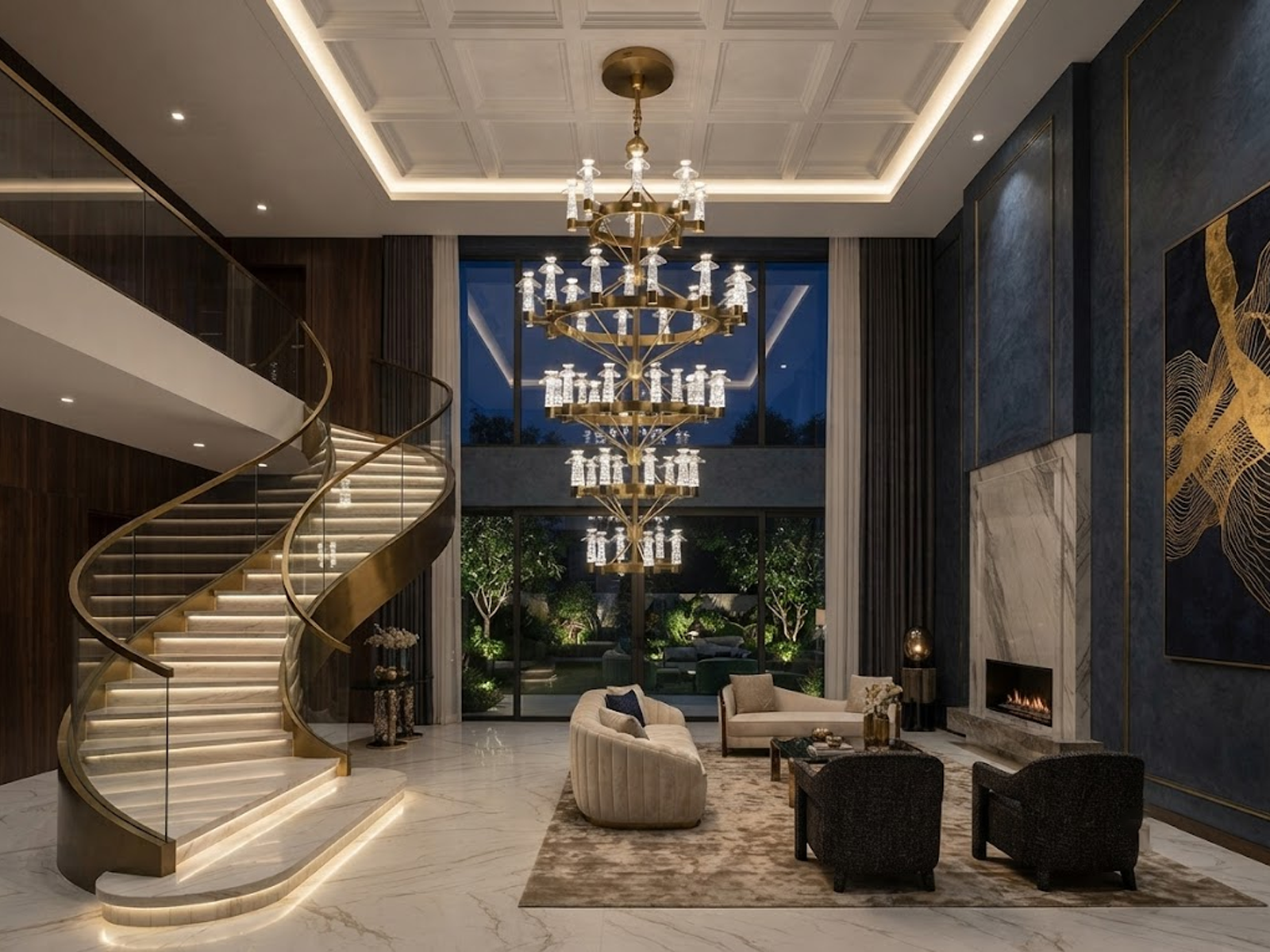 Grand multi-tiered stainless steel and crystal ring chandelier for high ceiling hotel lobby and villa staircase foyer