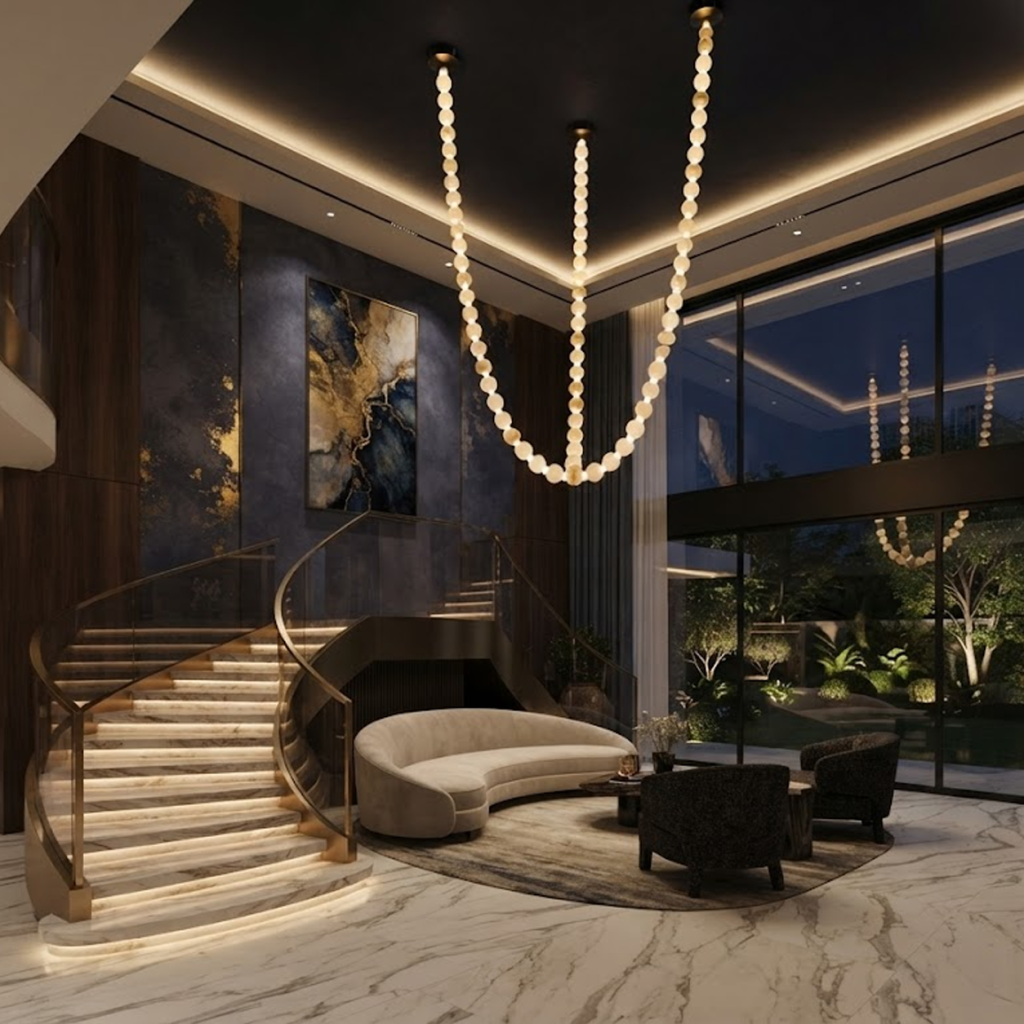 Glowing natural stone bead strand necklace chandelier with 3000K warm LED light for high ceiling living room