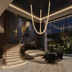Glowing natural stone bead strand necklace chandelier with 3000K warm LED light for high ceiling living room