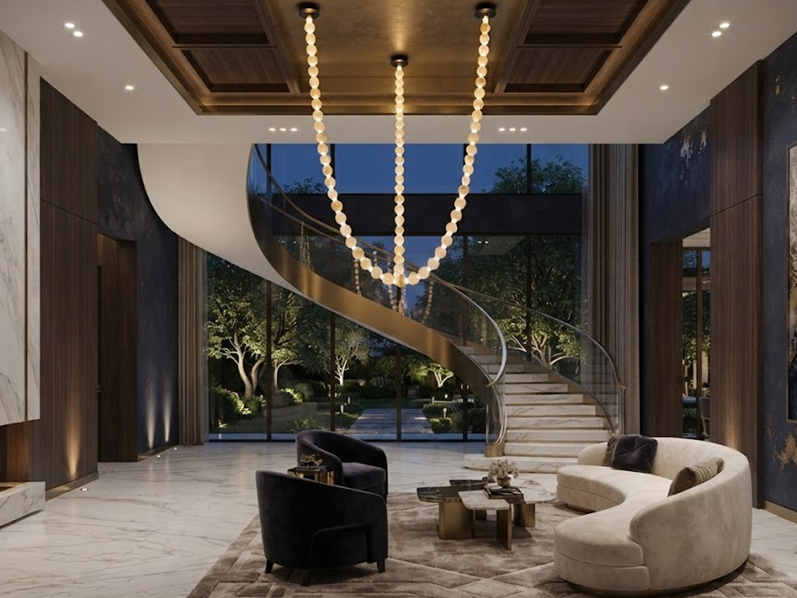 Glowing natural stone bead strand necklace chandelier with 3000K warm LED light for high ceiling living room