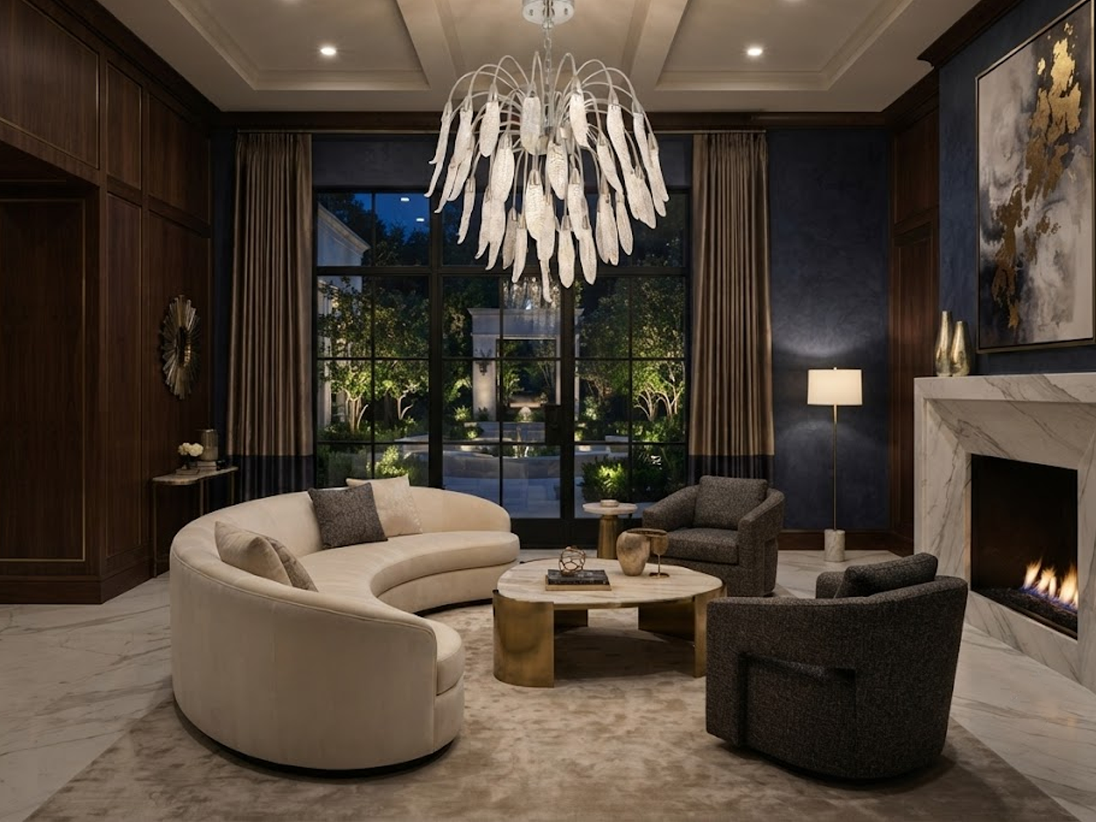 Illuminated optical acrylic cascade chandelier casting warm ambient light for high ceiling living room and foyer