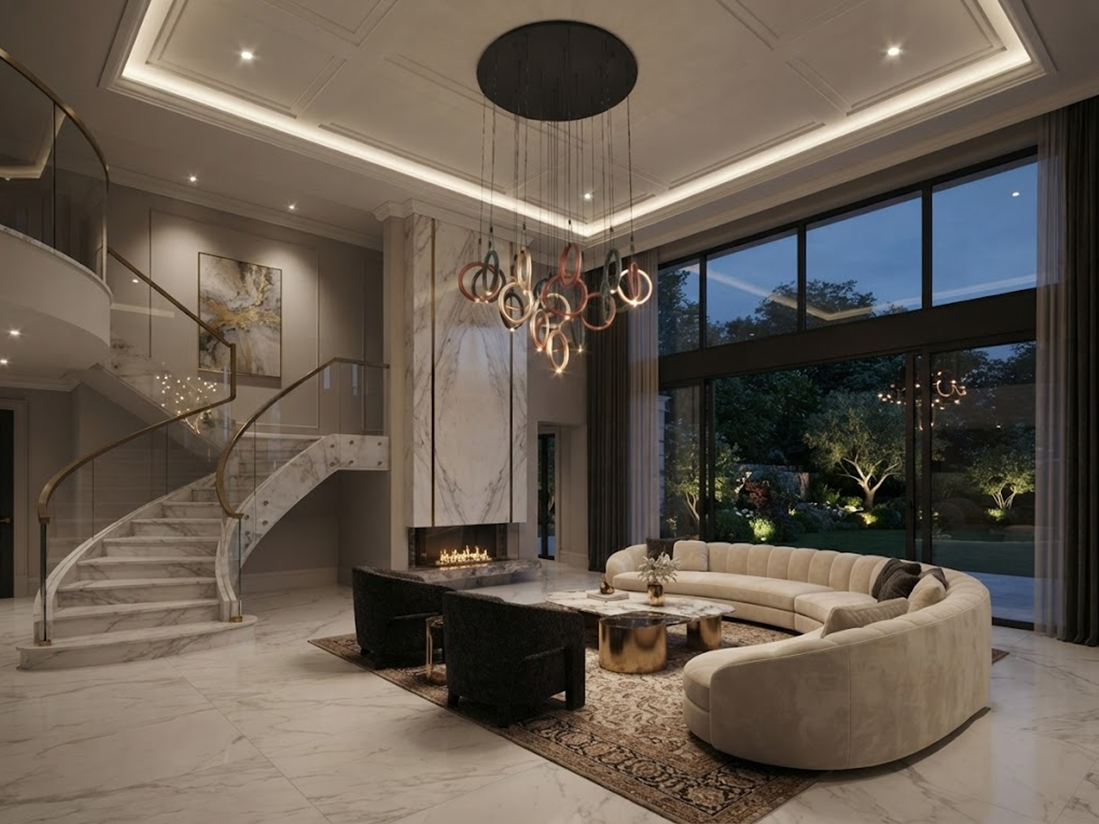 Modern multi-tone ring cascade chandelier with gold, bronze, and black hoops for high ceiling staircase and foyer