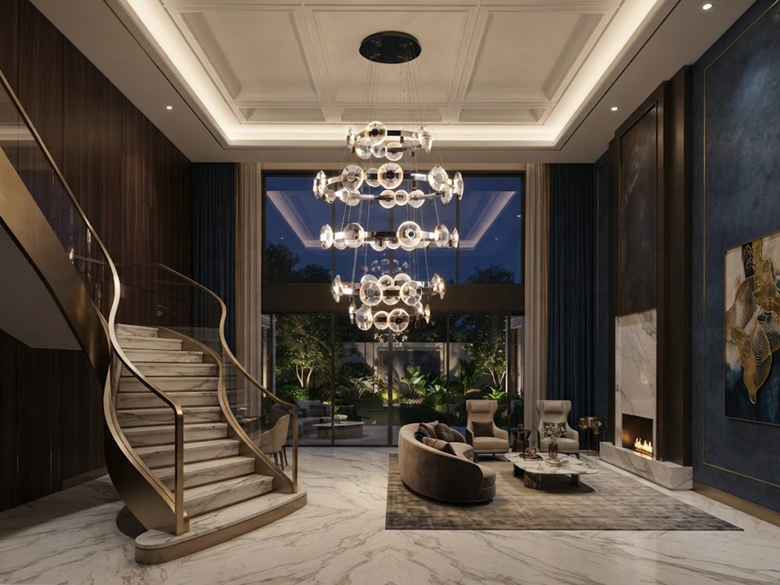 Illuminated multi-tier chrome ring crystal lens disc chandelier for high ceiling foyer and luxury staircase