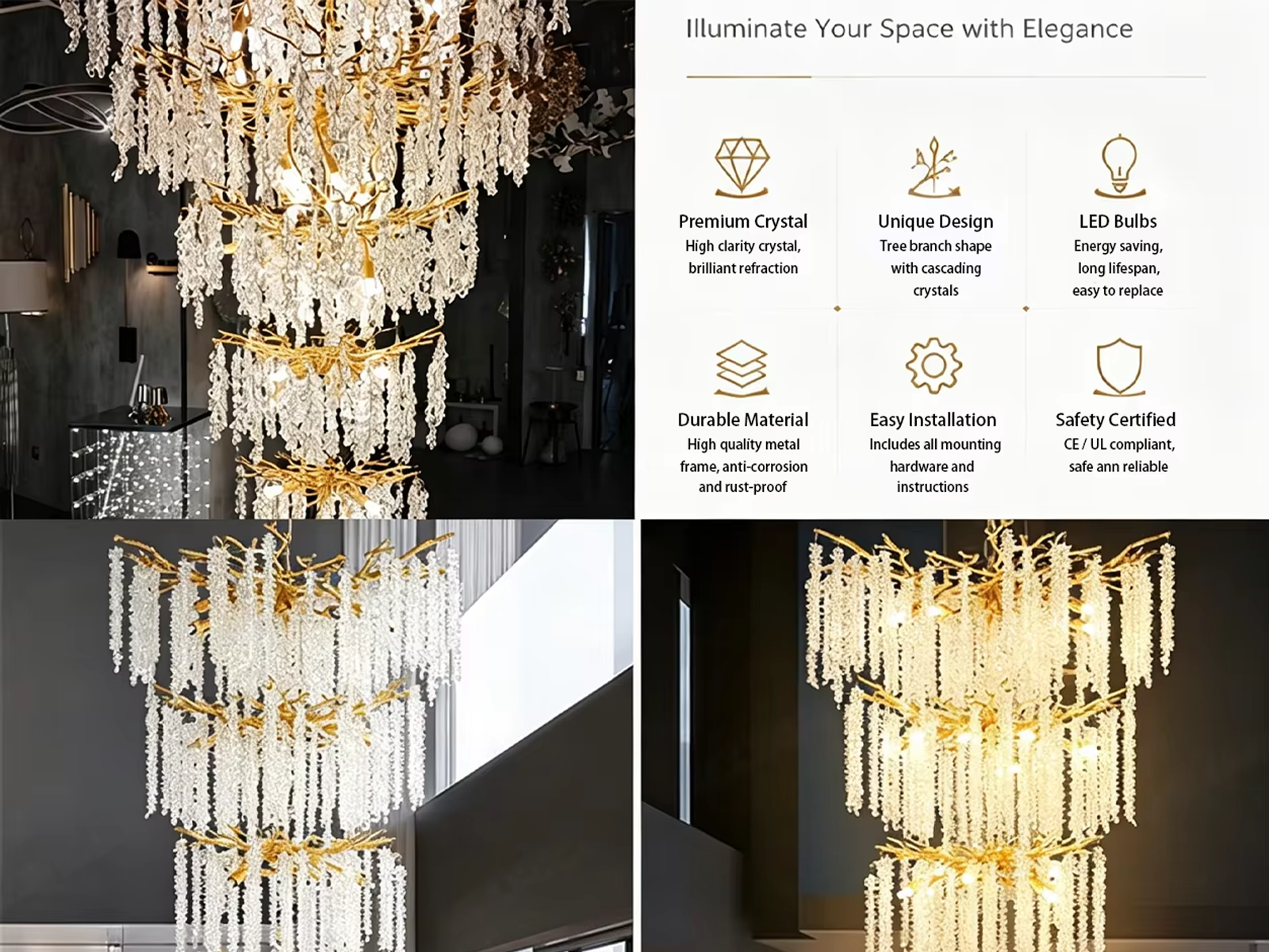 Grand cascading aluminum branch crystal chandelier installed in a double-height villa living room and foyer