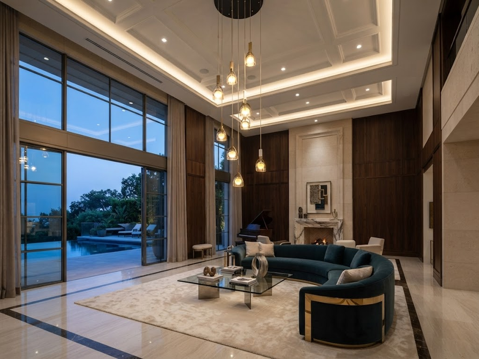 Modern spiral cascade glass and marble pendant light with brushed brown semi-matte oil stainless steel finish for high ceiling stairwells