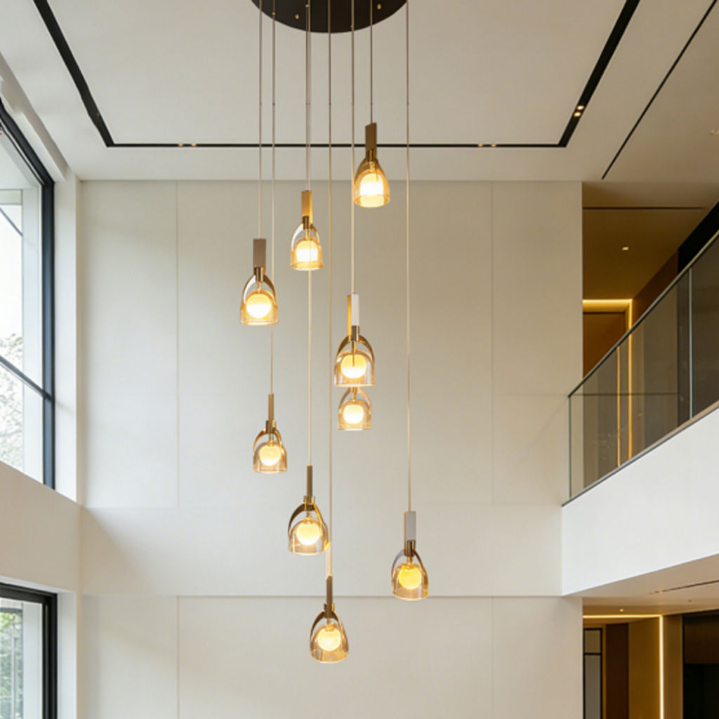 Modern spiral cascade glass and marble pendant light with brushed brown semi-matte oil stainless steel finish for high ceiling stairwells