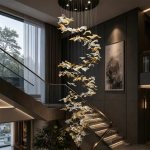 Tall spiral stainless steel and flying bird crystal cascade chandelier installed in a high-ceiling duplex villa stairwell