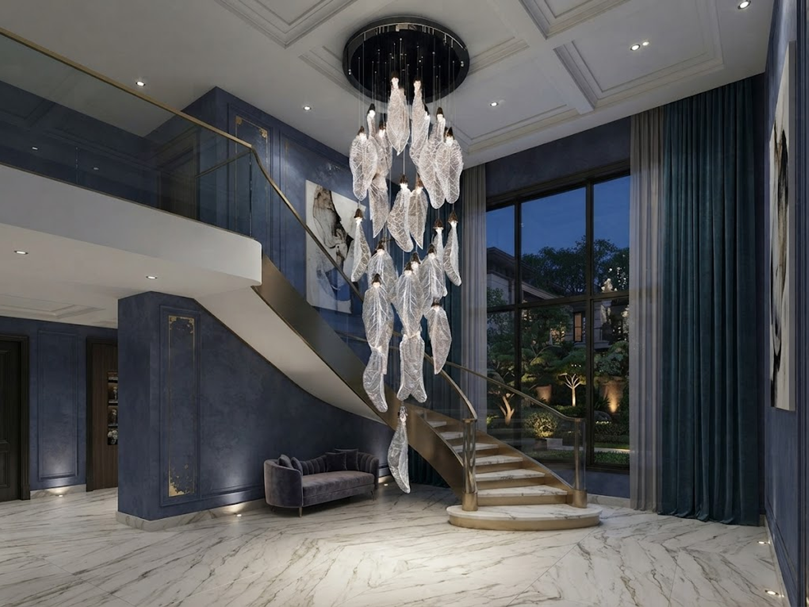 Tall stainless steel and textured acrylic leaf cascade chandelier suspended in a high-ceiling stairwell void