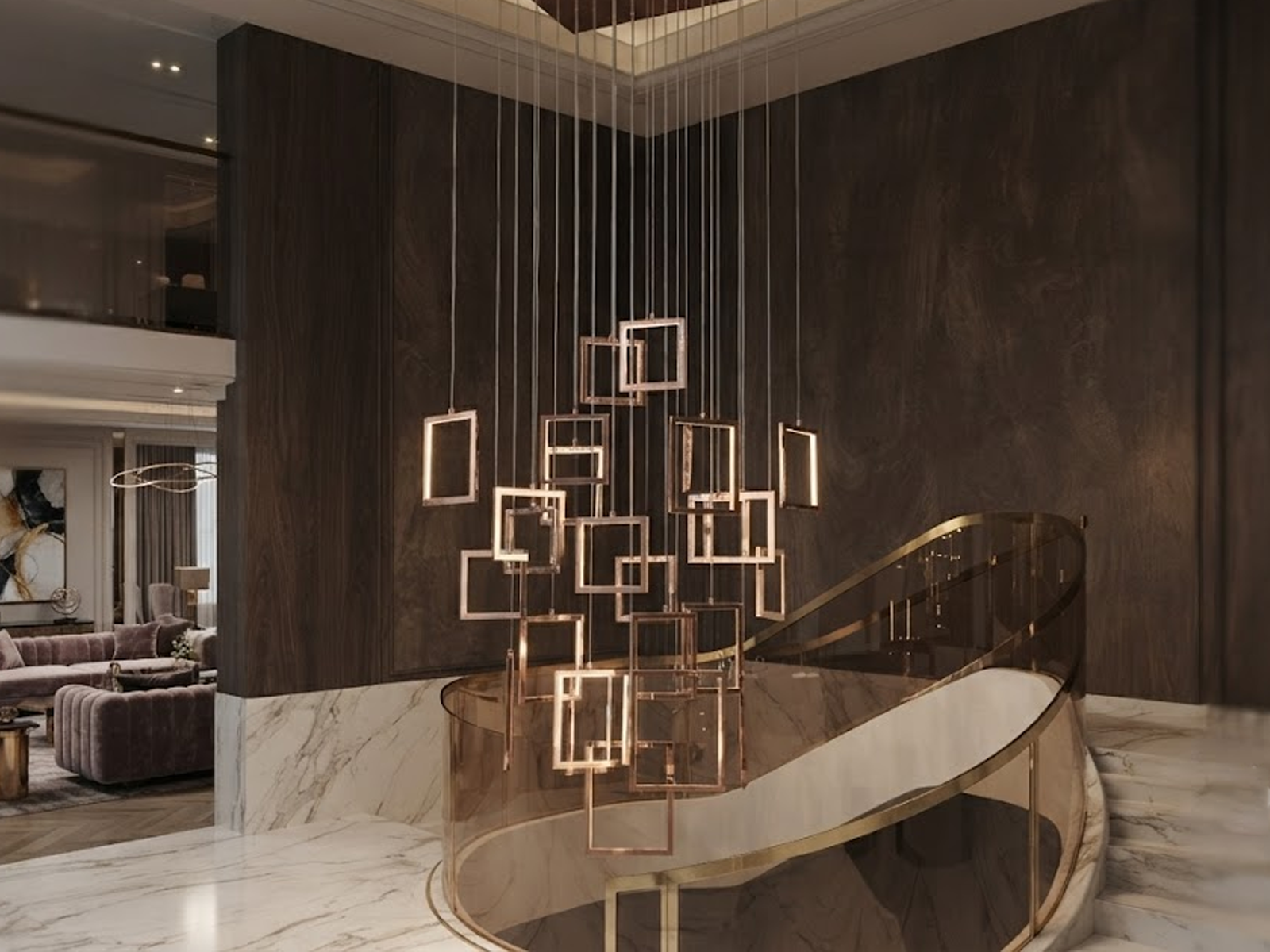 Modern rose gold stainless steel square frame cascade chandelier with mirror canopy suspended in a high ceiling foyer