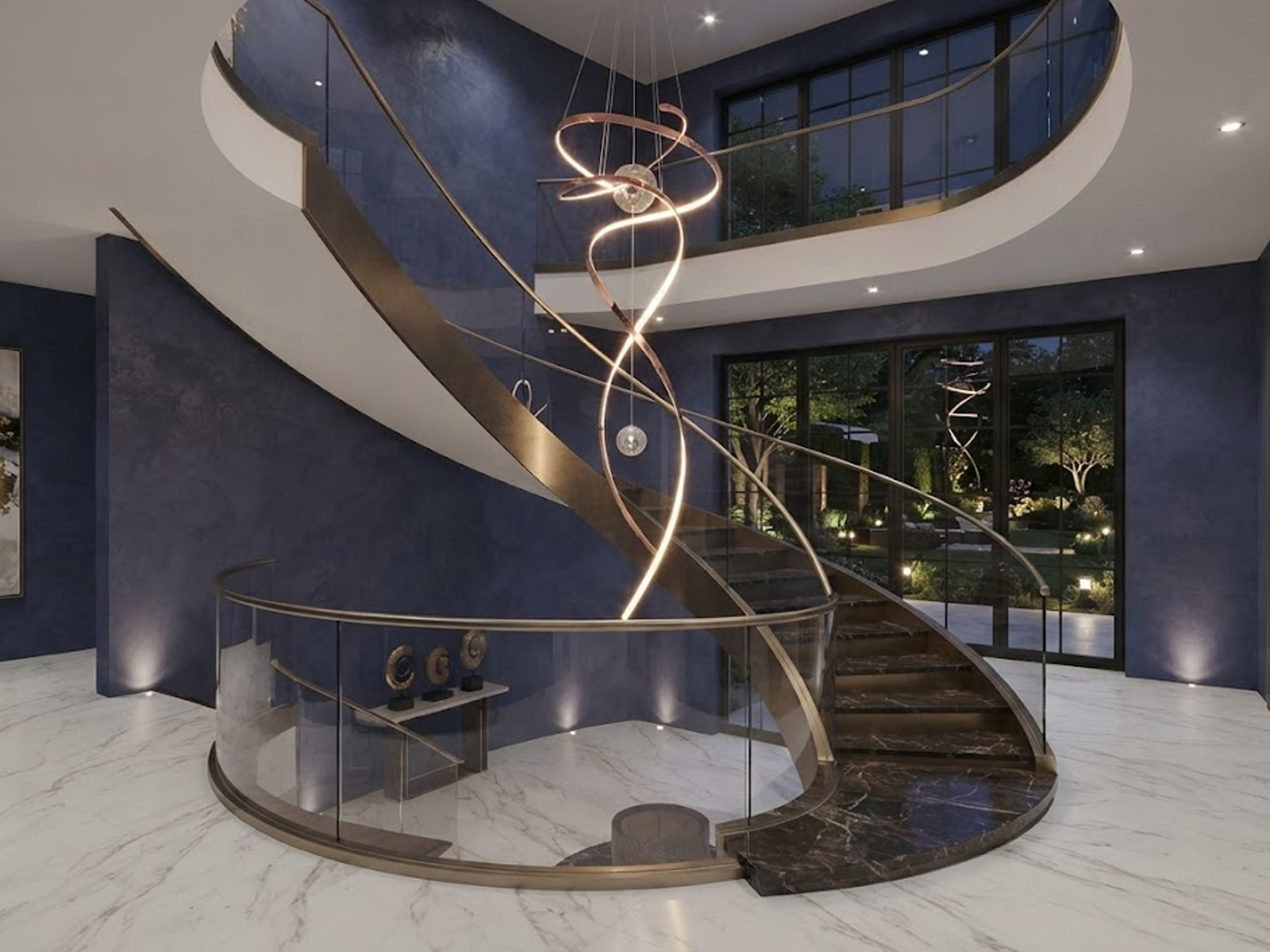Modern rose gold stainless steel helical helix LED wave pendant light with floating orb spheres suspended in a high ceiling foyer
