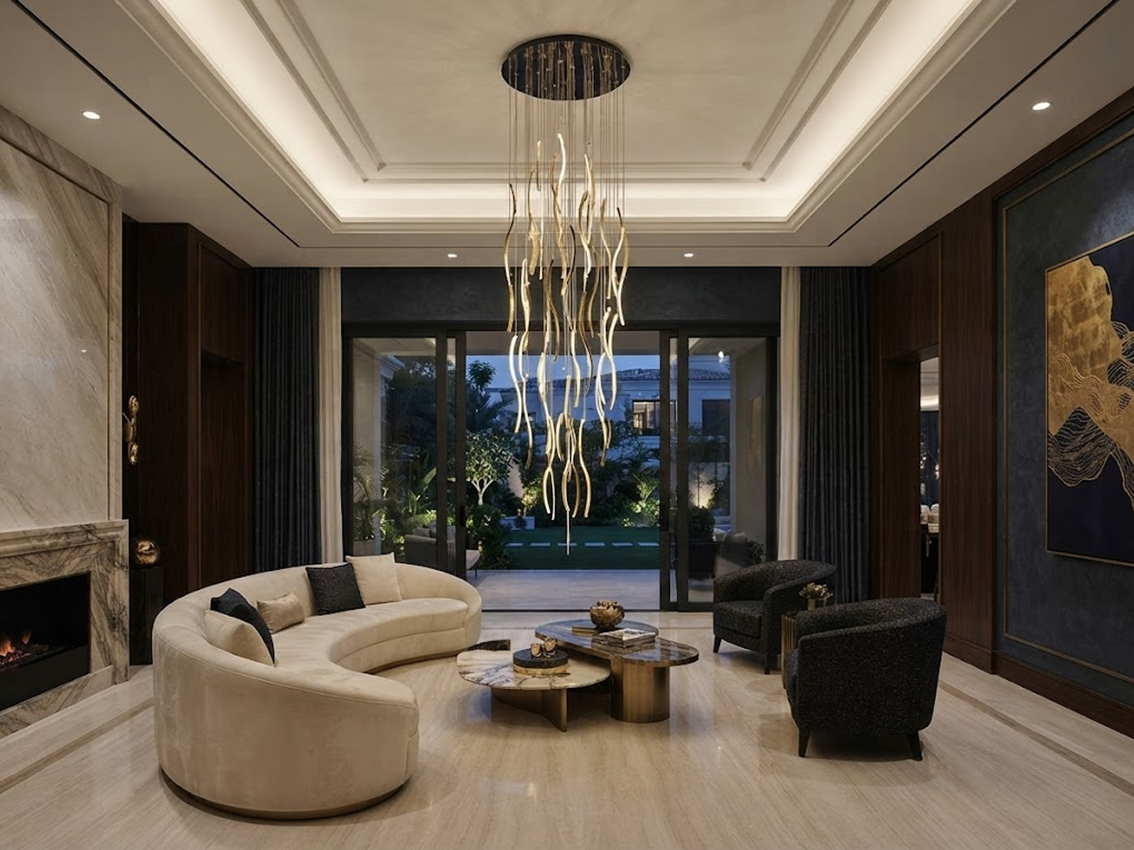 Modern gold polished stainless steel wave streamer raindrop chandelier suspended in a high ceiling villa foyer