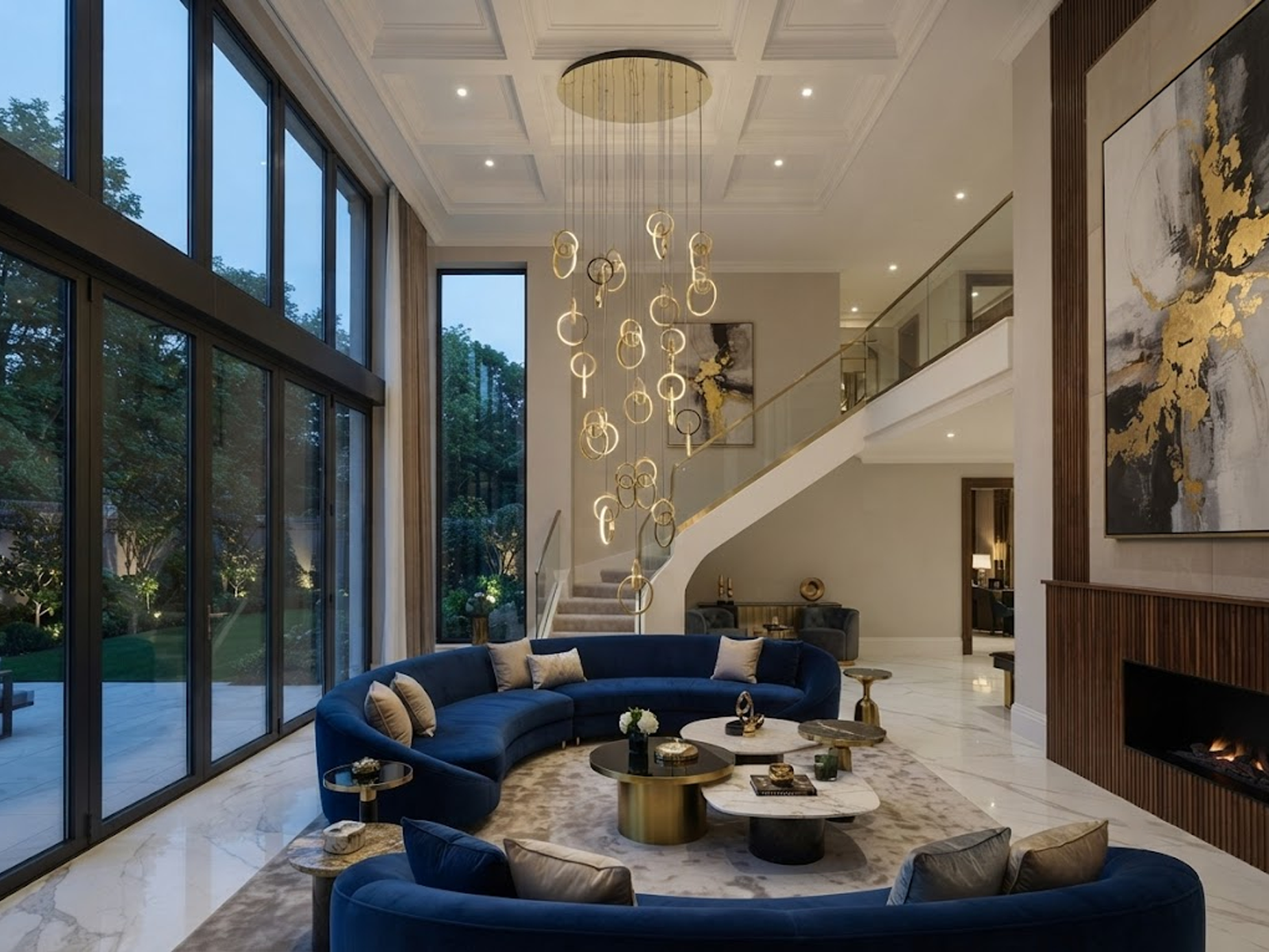 Modern gold stainless steel interlocking ring cascade chandelier suspended in a high ceiling villa foyer