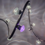 Side profile of curved black aluminum branch with luminous crystal lenses creating water-ripple light refractions