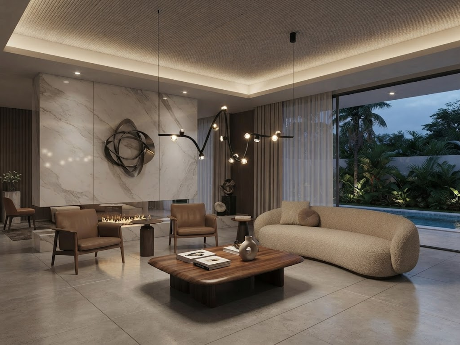 Modern soundwave wavy pendant light made of black iron, aluminum, and crystal hanging gracefully against a neutral wall
