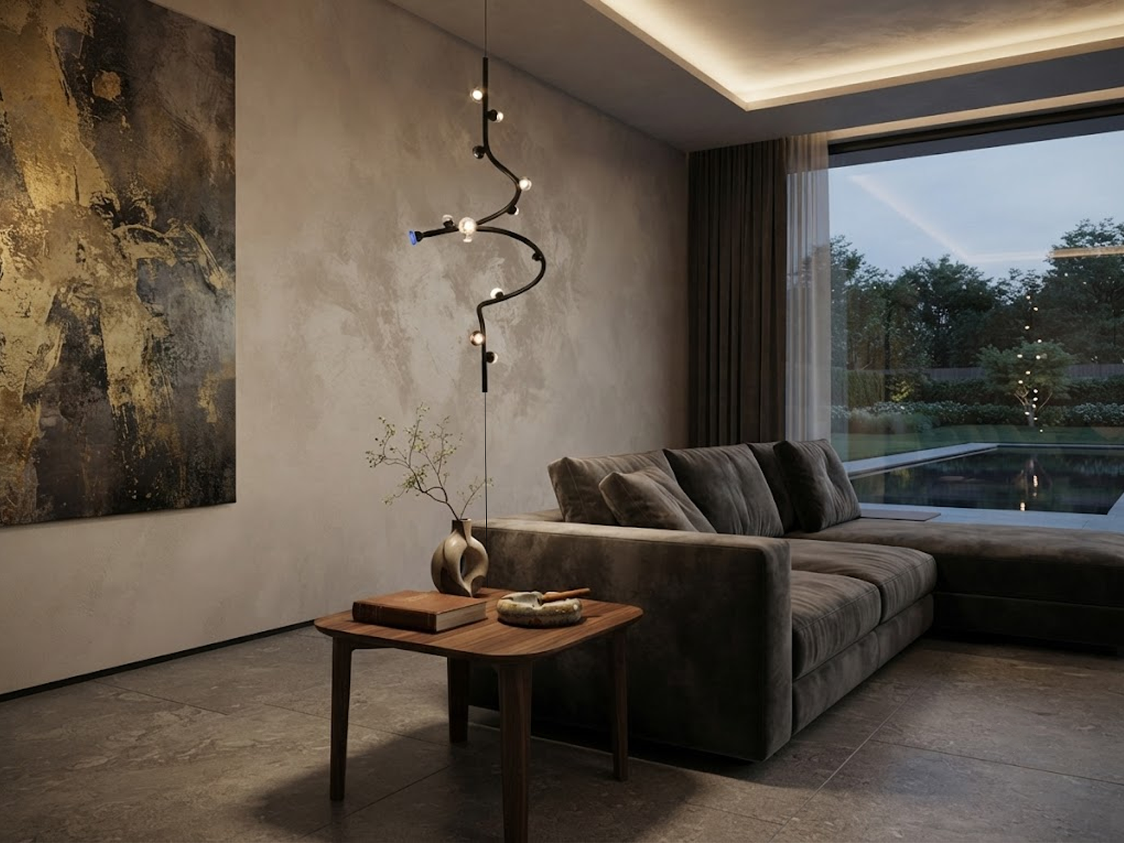 Modern vertical spiral cable chandelier suspended next to a luxury sofa in a contemporary living room with iron and aluminum construction