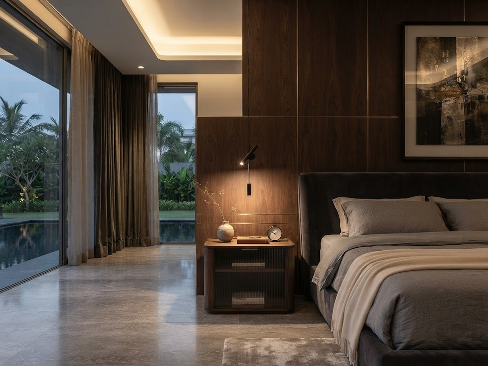 Architectural black iron and aluminum spotlight pendant projecting warm directional light onto a textured dark wood wall