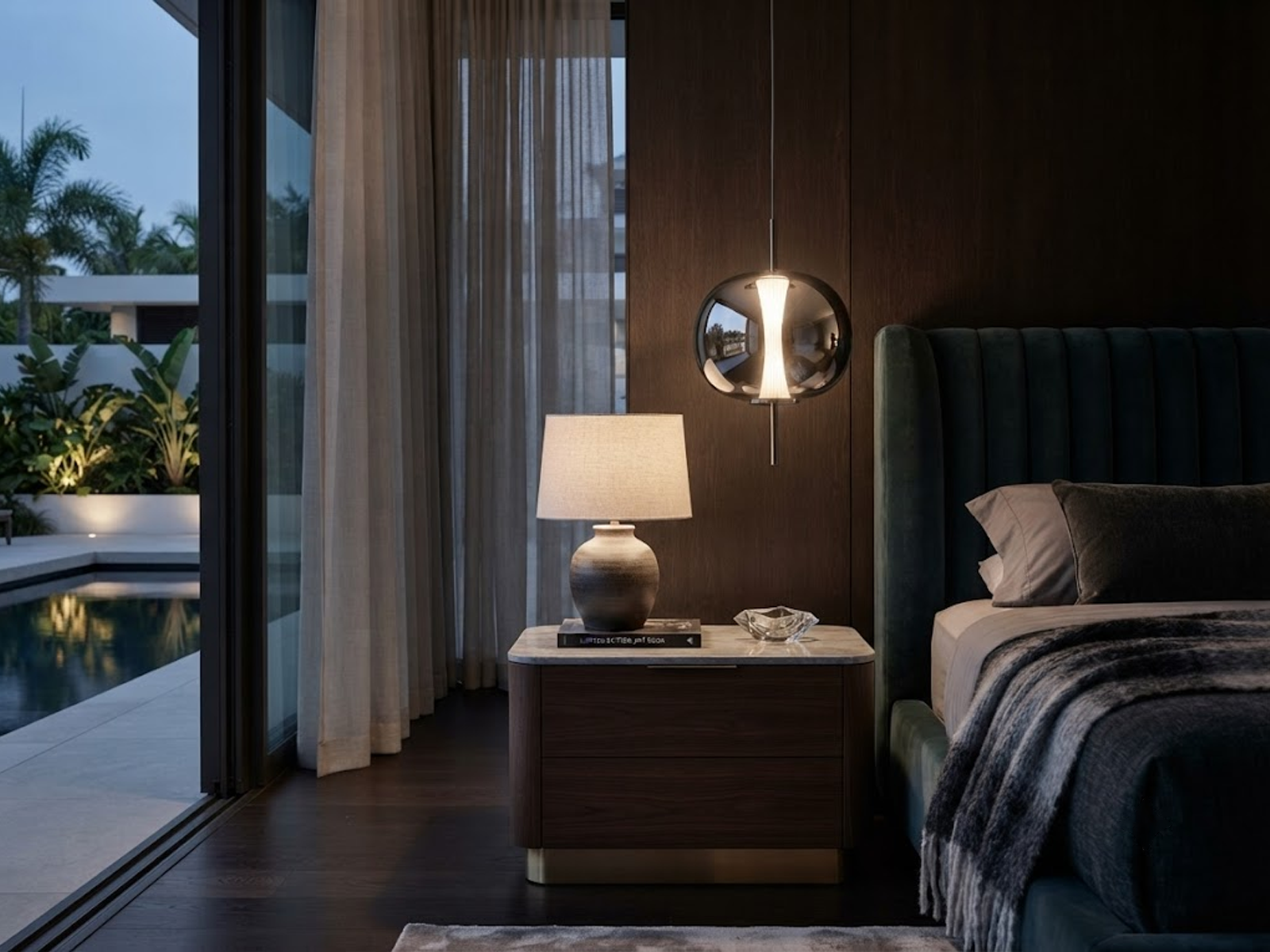 Electroplated smoke mirror glass globe pendant light with gunmetal iron central rod hanging against a neutral background