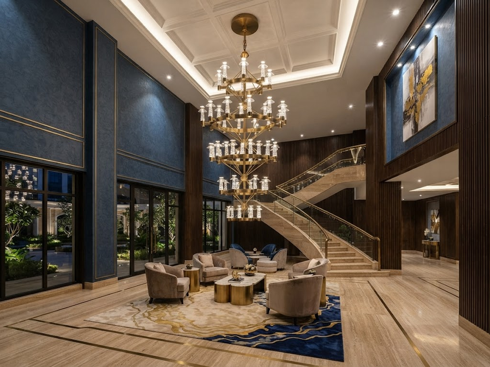 Grand multi-tiered stainless steel and crystal ring chandelier for high ceiling hotel lobby and villa staircase foyer