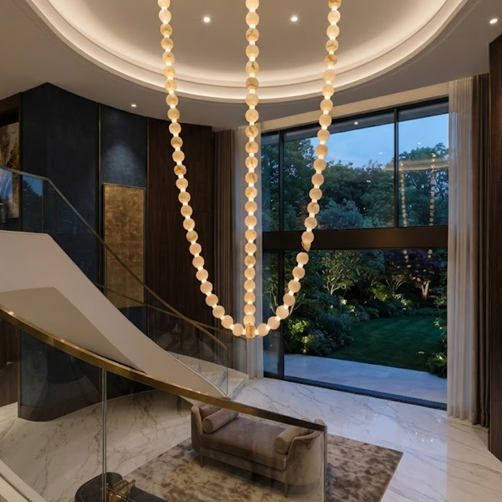 Glowing natural stone bead strand necklace chandelier with 3000K warm LED light for high ceiling living room
