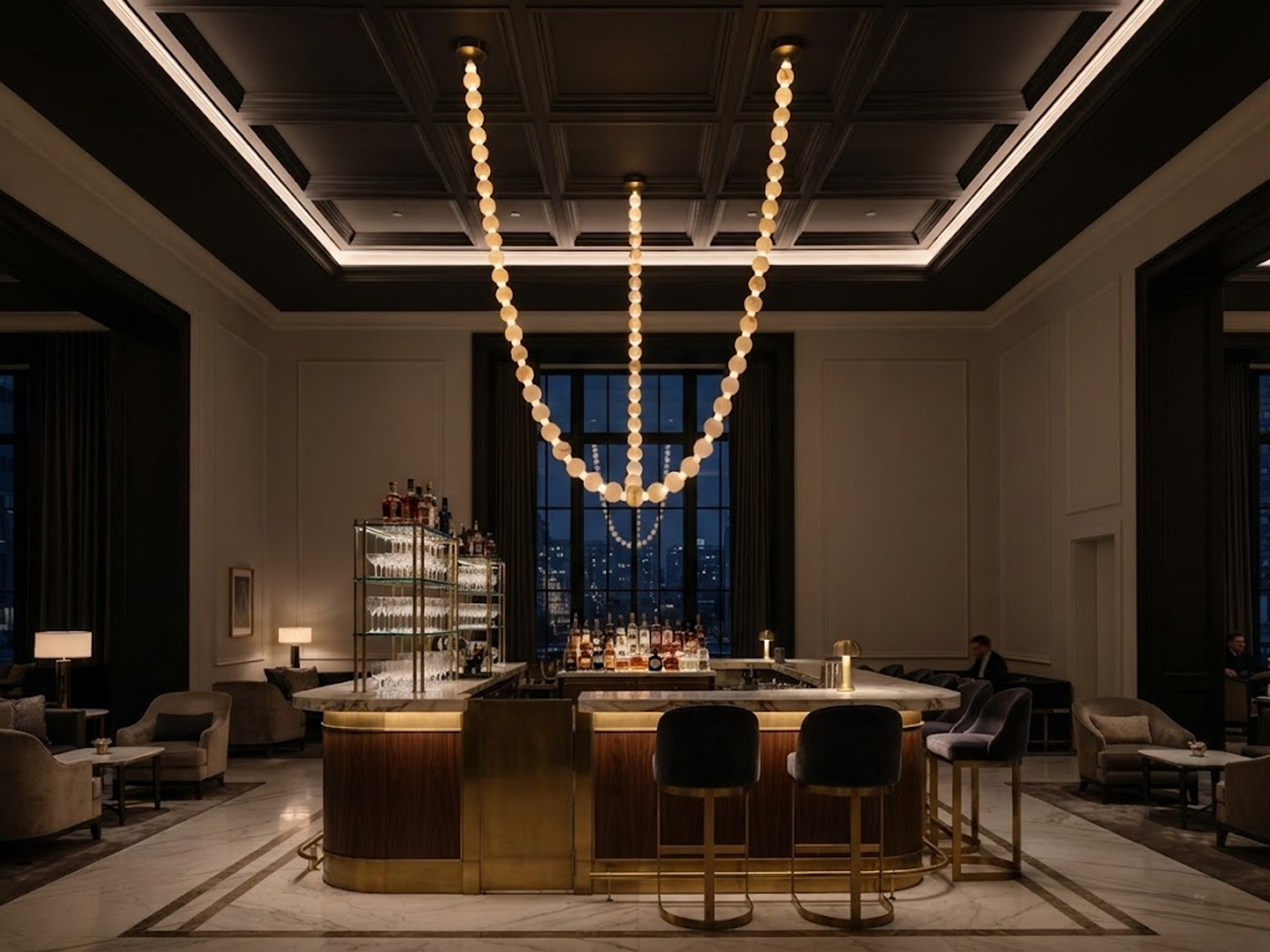 Glowing natural stone bead strand necklace chandelier with 3000K warm LED light for high ceiling living room