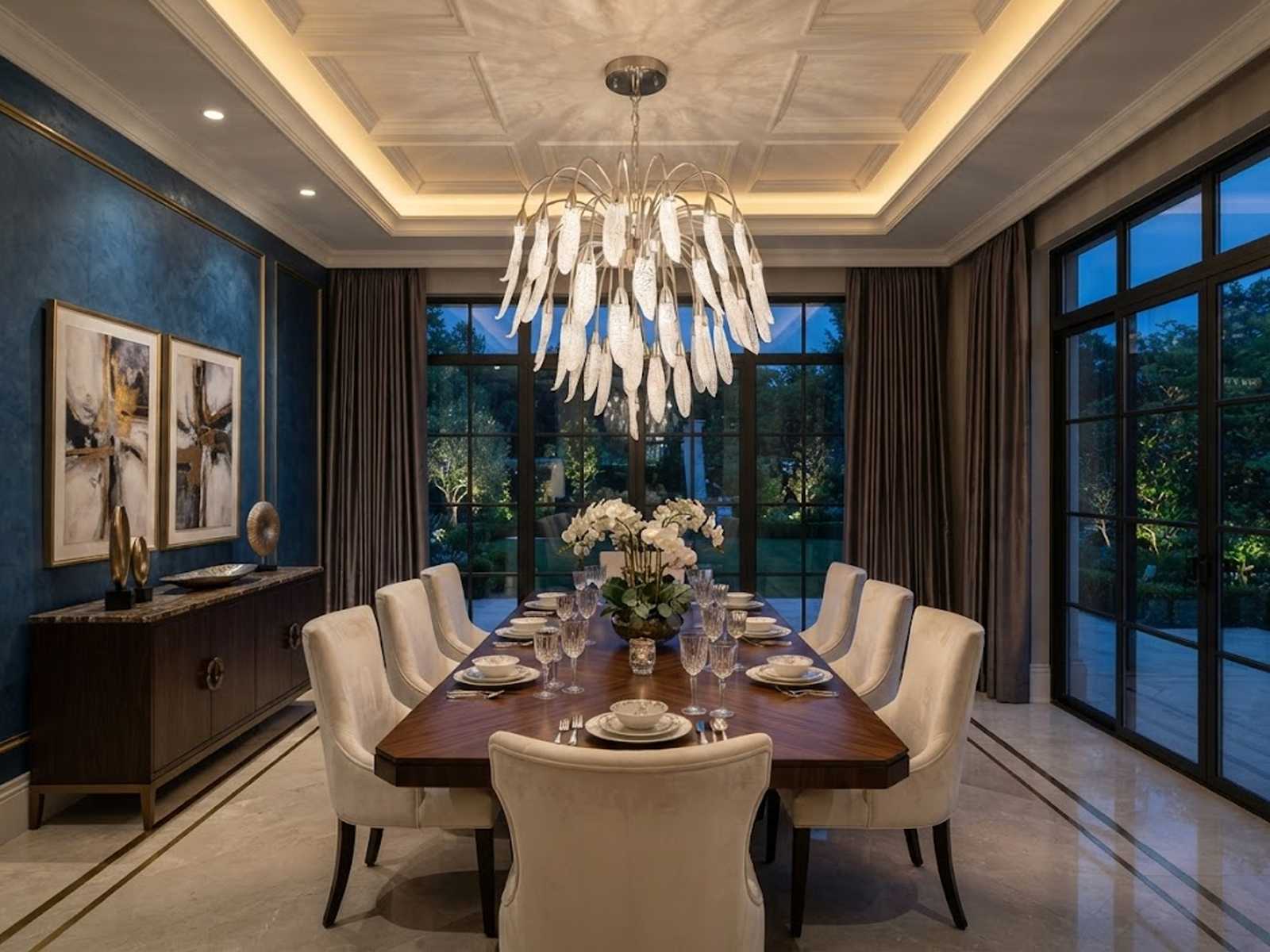 Illuminated optical acrylic cascade chandelier casting warm ambient light for high ceiling living room and foyer