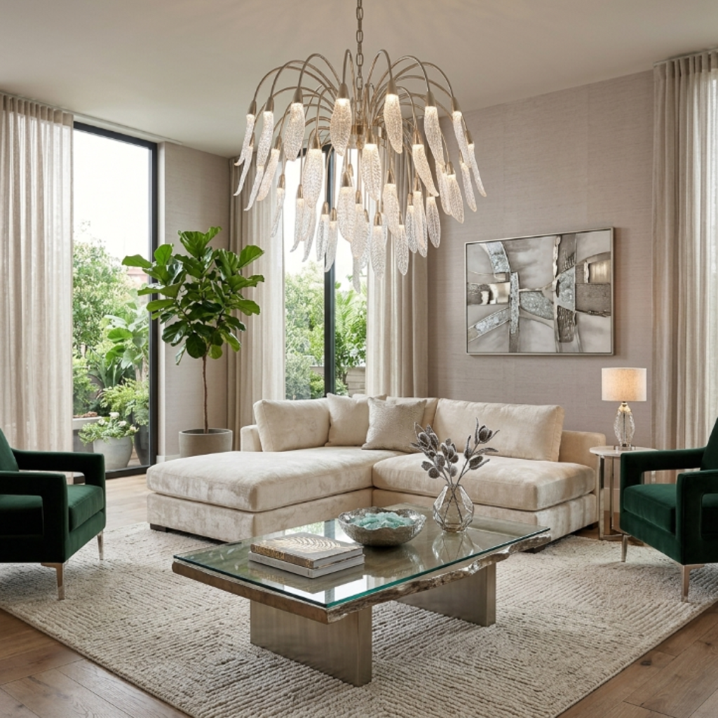 Illuminated optical acrylic cascade chandelier casting warm ambient light for high ceiling living room and foyer