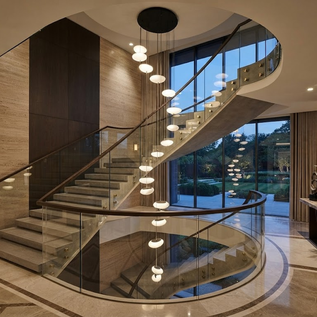 Modern spiral pebble optical acrylic staircase chandelier cascading down a high ceiling foyer