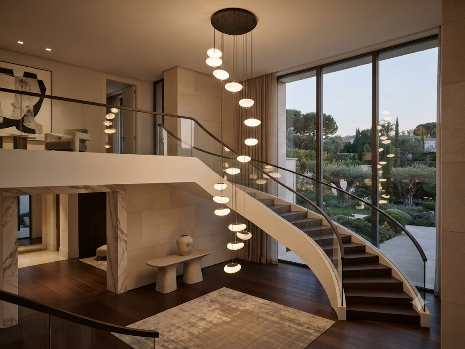 Modern spiral pebble optical acrylic staircase chandelier cascading down a high ceiling foyer