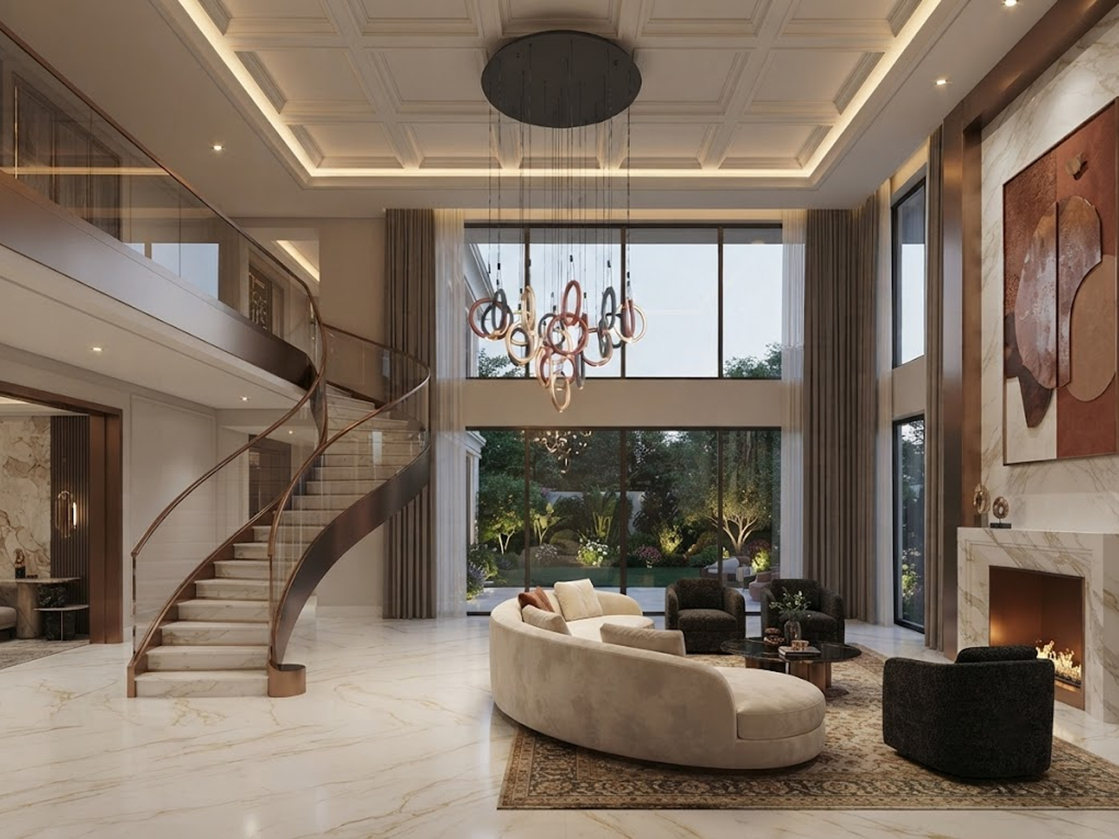 Modern multi-tone ring cascade chandelier with gold, bronze, and black hoops for high ceiling staircase and foyer