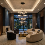 Illuminated multi-tier chrome ring crystal lens disc chandelier for high ceiling foyer and luxury staircase