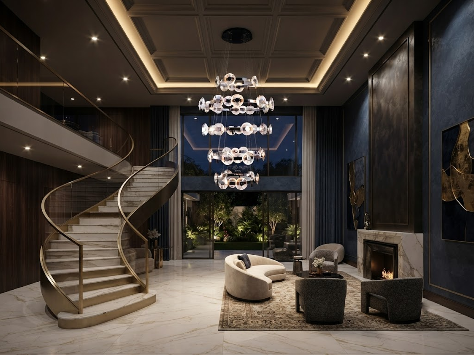 Illuminated multi-tier chrome ring crystal lens disc chandelier for high ceiling foyer and luxury staircase