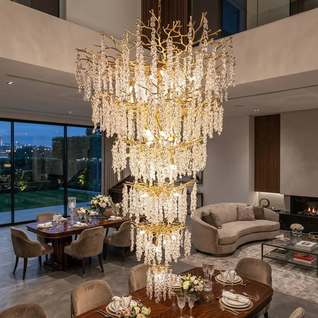 Grand cascading aluminum branch crystal chandelier installed in a double-height villa living room and foyer