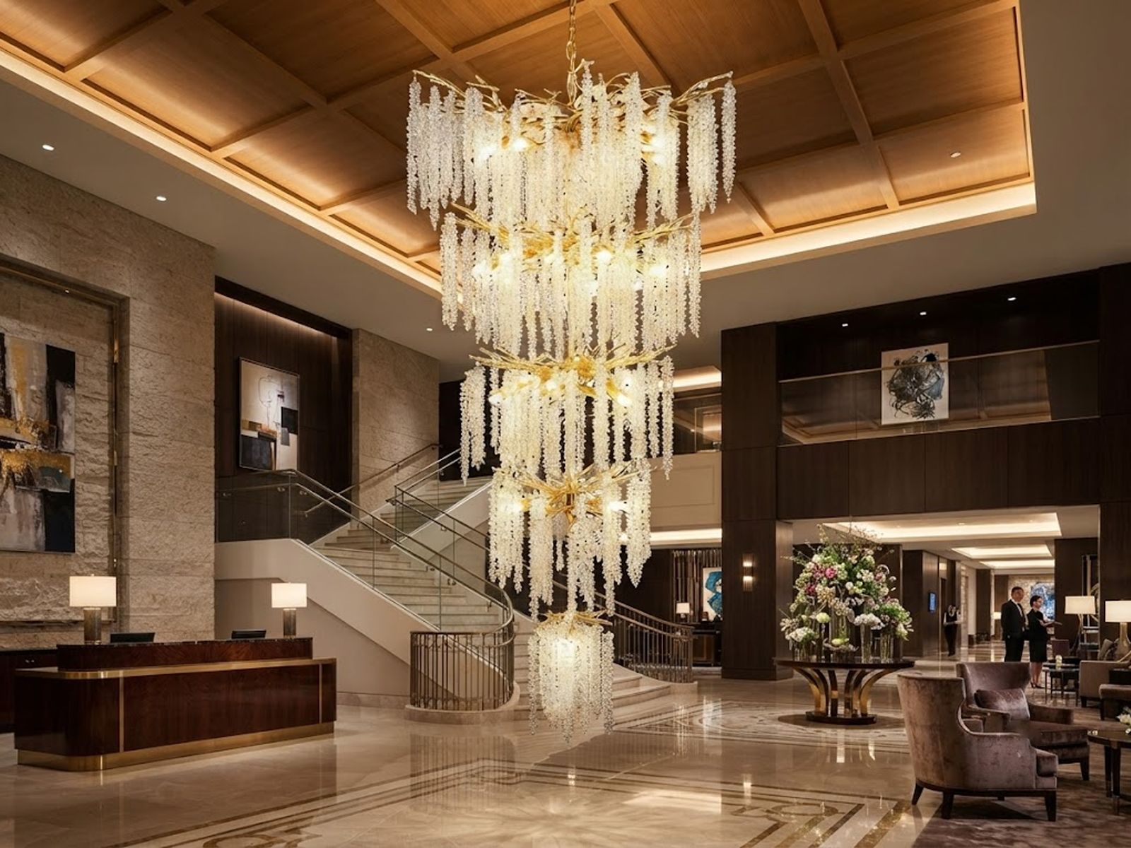 Grand cascading aluminum branch crystal chandelier installed in a double-height villa living room and foyer