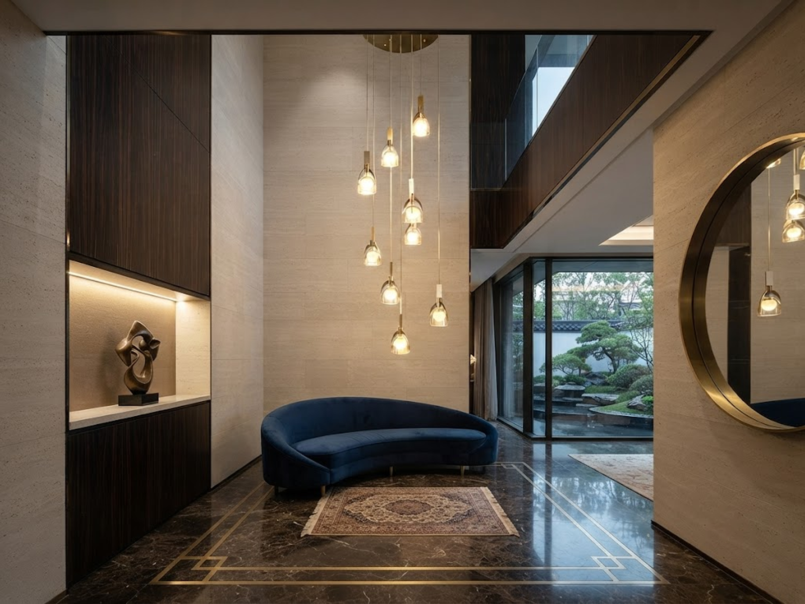 Modern spiral cascade glass and marble pendant light with brushed brown semi-matte oil stainless steel finish for high ceiling stairwells