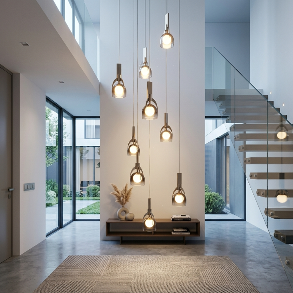 Modern spiral cascade glass and marble pendant light with brushed brown semi-matte oil stainless steel finish for high ceiling stairwells
