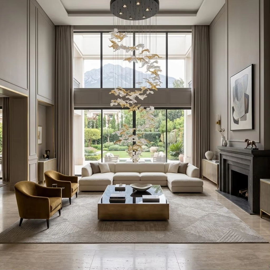 Tall spiral stainless steel and flying bird crystal cascade chandelier installed in a high-ceiling duplex villa stairwell