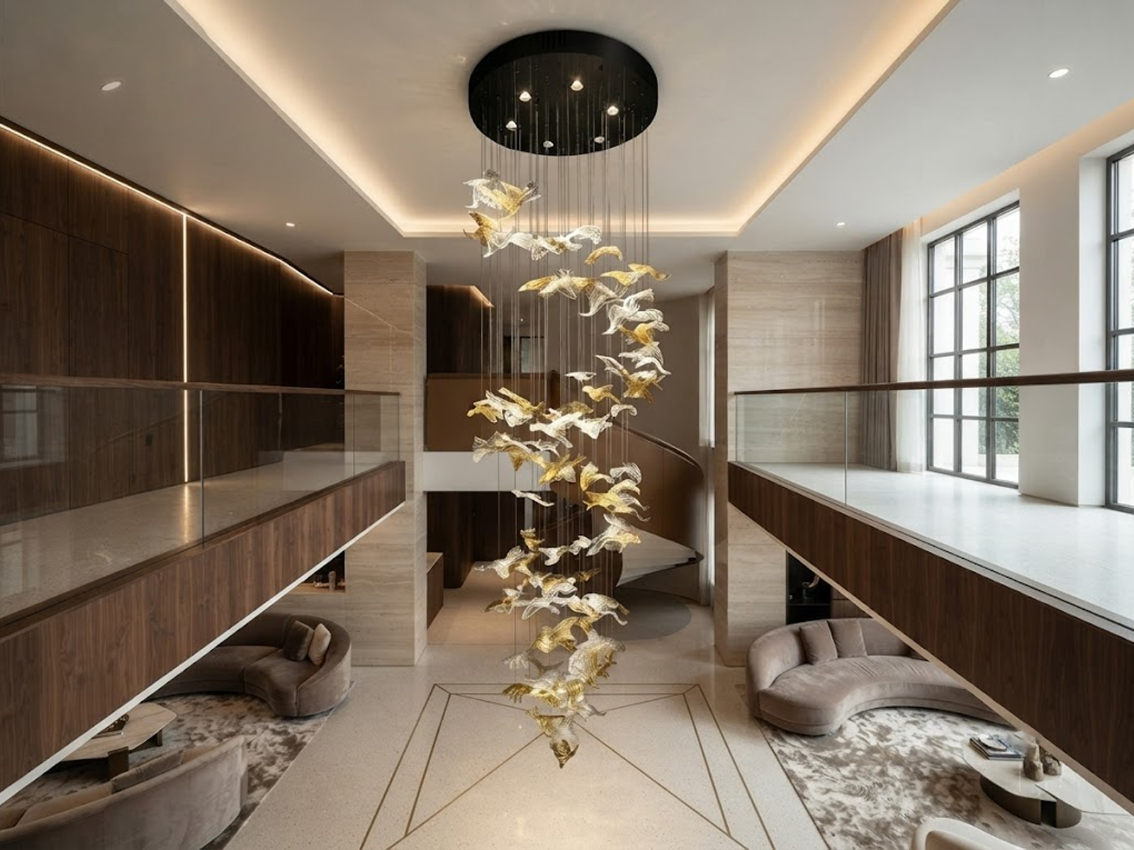 Tall spiral stainless steel and flying bird crystal cascade chandelier installed in a high-ceiling duplex villa stairwell
