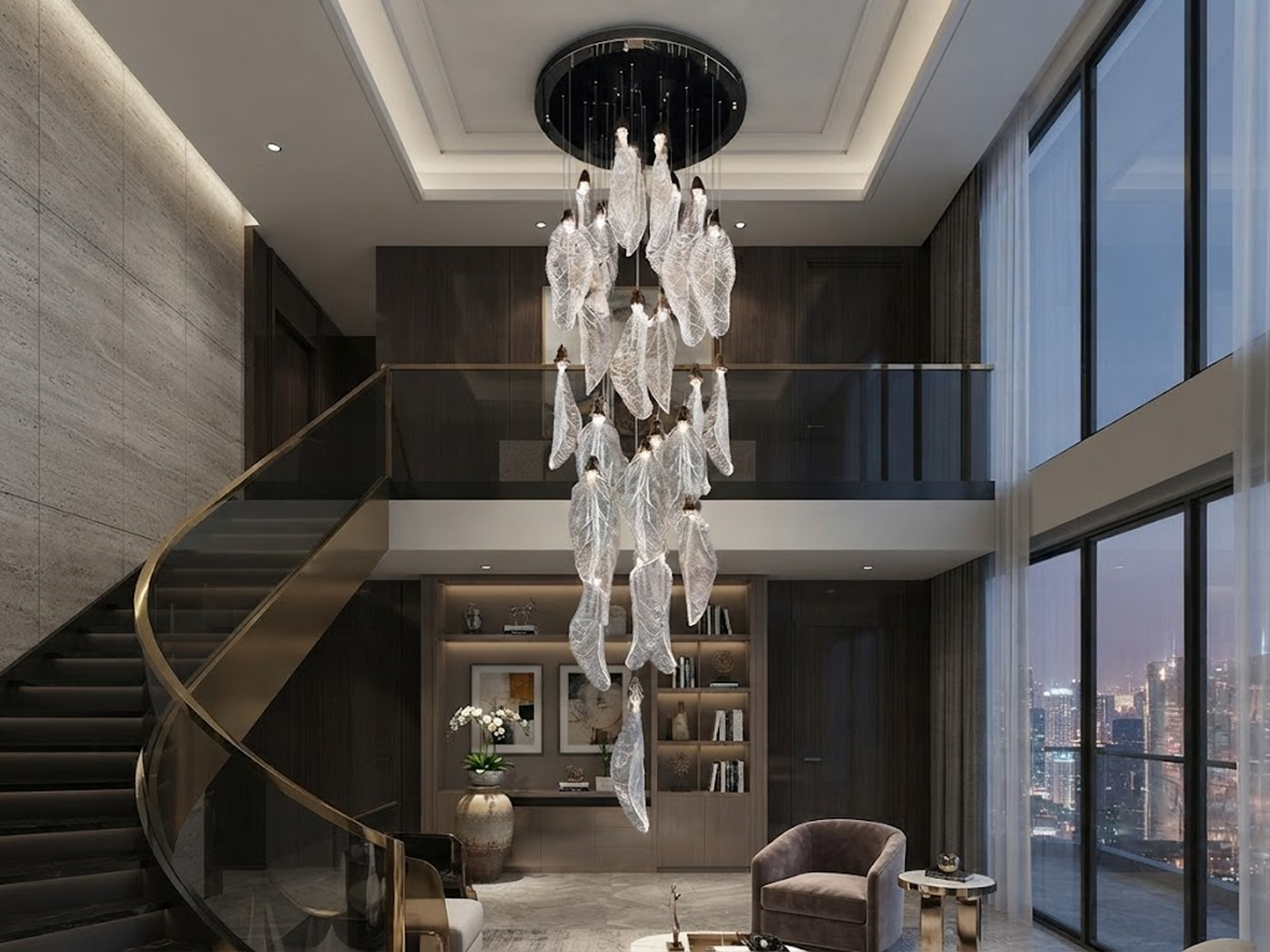Tall stainless steel and textured acrylic leaf cascade chandelier suspended in a high-ceiling stairwell void